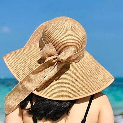 DRESHOW Beach Hats for Women Big Straw Wide Brim Summer Hat Floppy Foldable Roll up Cap Sun Hat UPF 50+ - color: Khaki /Normal Edge