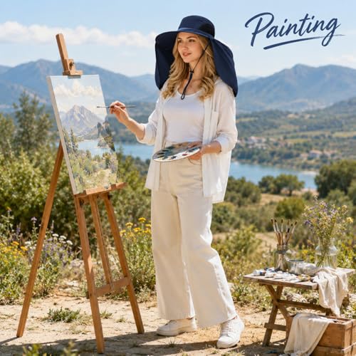 HUAMULAN Women Men Wide Brim Sun Hat Hiking Fishing Hats with Neck Flap - color: Navy Solid