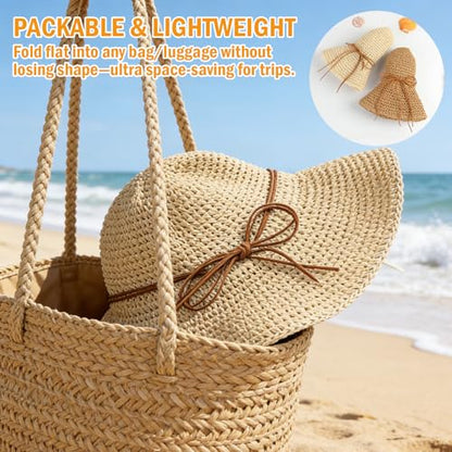 Women's Straw Bucket Sun Hat, Packable Floppy Wide Brim Beach Hat - color: Beige a