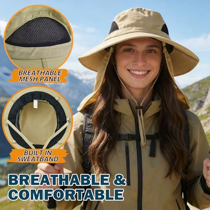Wide Brim Sun Bucket Hat, Waterproof Boonie Hat for Men & Women - color: 07 Khaki (Full Coverage)