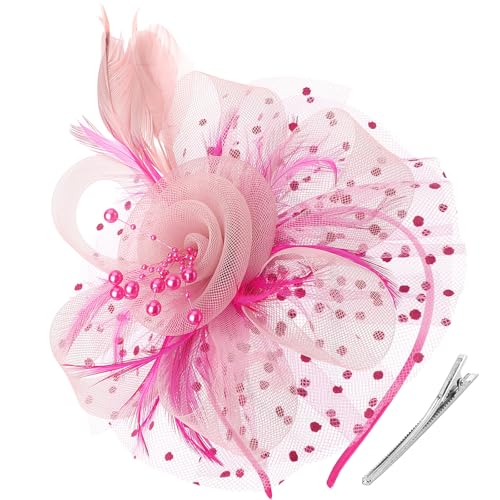 DRESHOW Fascinators Hat Flower Mesh Ribbons Feathers on a Headband and a Clip Tea Party Headwear for Girls and Women - color: 7" Diameter / Dark Pink & Light Pink