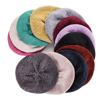 4 Pieces French Chenille Beret Hat for Women Knitted Painter Cap Warm Beanie Hat for Girls - color: Yellow Green Rose Wine
