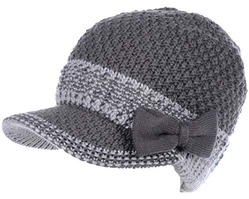 BYOS Womens Winter Chic Cable Warm Fleece Lined Crochet Knit Hat W/Visor Newsboy Cabbie Cap - color: Dk.gray Bow