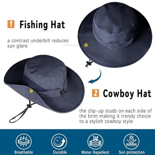 ZOORON Sun Hats for Men Women, Wide Brim Safari Hats UV Protection UPF50+ Waterproof Boonie Hats for Fishing Hiking Camping - color: 1pack-navy