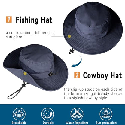 ZOORON Sun Hats for Men Women, Wide Brim Safari Hats UV Protection UPF50+ Waterproof Boonie Hats for Fishing Hiking Camping - color: 1pack-navy