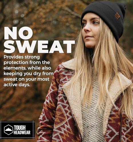 Tough Headwear Merino Wool Beanie - Moisture Wicking Winter Hats for Women - Stretchy Mens Beanie - Breathable Wool Hat - color: Black