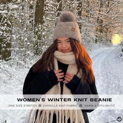 Funky Junque Beanie for Women Ultra Soft Chenille Faux Fur Pom Pom Winter Hats Warm Ski Cap Fashion - color: Terry Chenille - Light Grey