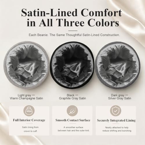 3 Pack Satin Lined Beanies for Men and Women Silk Warm Cuffed Winter Hats - color: Black+dark Grey+light Grey