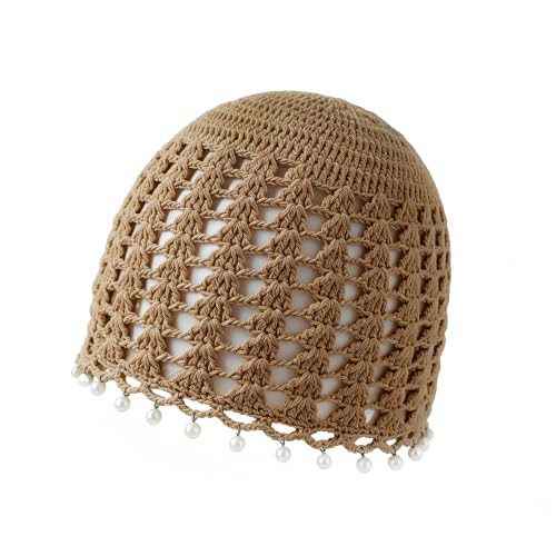 Crochet Hat Cap Cute Summer Beanies with Pearl Decor Boho Knit Mesh Hat - color: Brown Pearl
