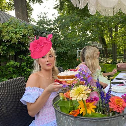 AQOKKA Women Fascinators Hats Flower Mesh Feathers Headband Clip - color: 1 Pc Feather Fascinators : Deep Pink