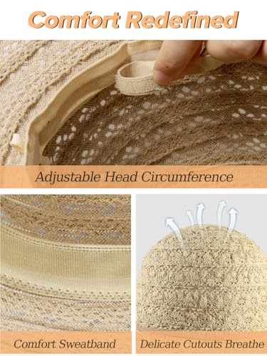 Sun Beach Hats for Women Summer Floppy Wide Brim Sunhat Packable Foldable Lace Travel Vacation - color: Khaki, size: Medium