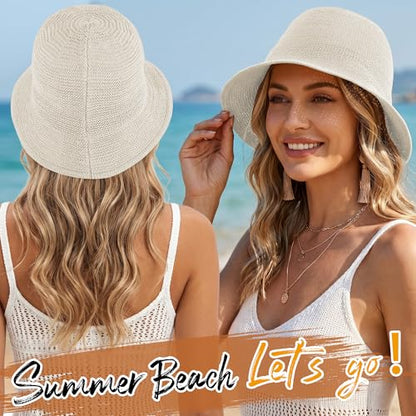 Babalet Summer Straw Beach Sun Hats for Women Packable Floppy Bucket Hat - color: White