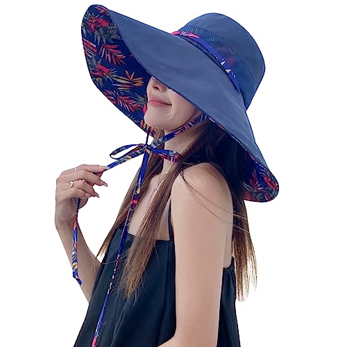 6" Extra Wide Brim Sun Hats UPF 50+ UV Protection Packable Beach Hat Strap Women - color: Navy