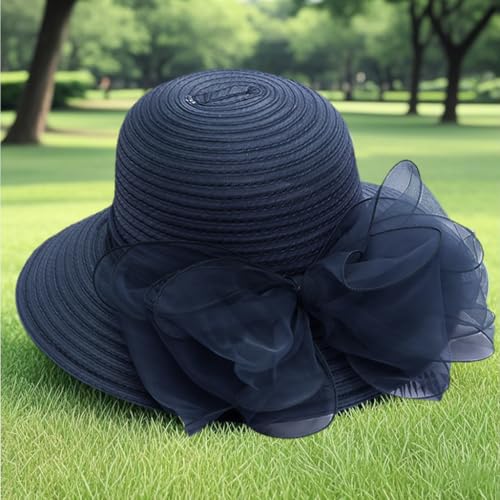 Haoohu Women's Church Derby Hat Wide Brim Bow Bucket Hat Wedding Dress Hat Fascinator Bridal Tea Party Hat - color: Navy Blue