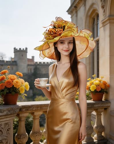 Organza Church Derby Hats for Women Wedding Tea Party Fascinator Floral Wide Brim Sun Hat - color: Style06 Gold