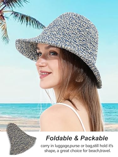 sy soul young Women's Straw Sunhat Wide Brim Hand Woven Beach Bucket Hat - color: Beige & Blue
