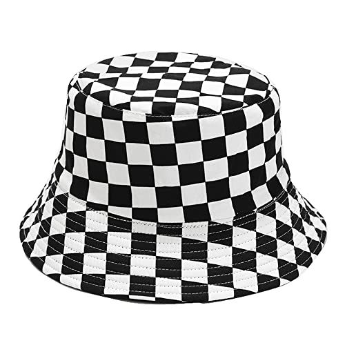 Cotton Checkered Bucket Hat Summer Fashion Fisherman Beach Sun Hats for Women and Men - color: Black