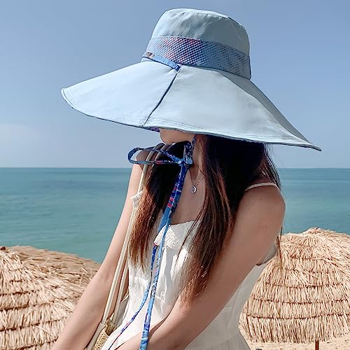 6" Extra Wide Brim Sun Hats UPF 50+ UV Protection Packable Beach Hat Strap Women - color: Blue
