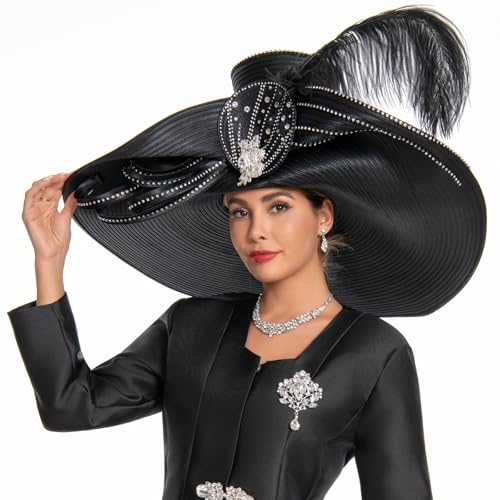 Women's Dramatic Giant Wide Brim Rhinestone Church Hat Statement Turban Fascinator for Wedding Chapel Baptist Sunday - color: 19-black