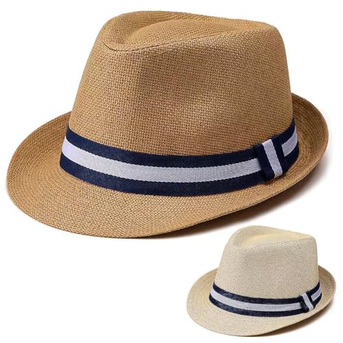 2 Pack Straw Fedora Hats for Men and Women, Short Brim Summer Beach hat, Trilby Panama Sun Hats. - color: Beige/Khaki With Strip Band, size: Medium-Large
