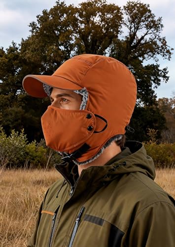 Home Prefer Waterproof Mens Faux Fur Trooper Trapper Hat Hunting Warm Winter Hat with Ear Flaps Visor Face Mask - color: Caramel Brown