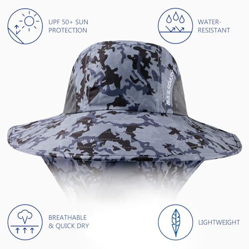 BASSDASH UPF 50+ Unisex Water Resistant Wide Brim Sun Hat with Large Neck Flap Ponytail Fishing Hat for Men Women - color: Storm Camo