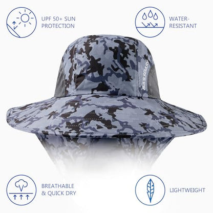 BASSDASH UPF 50+ Unisex Water Resistant Wide Brim Sun Hat with Large Neck Flap Ponytail Fishing Hat for Men Women - color: Storm Camo