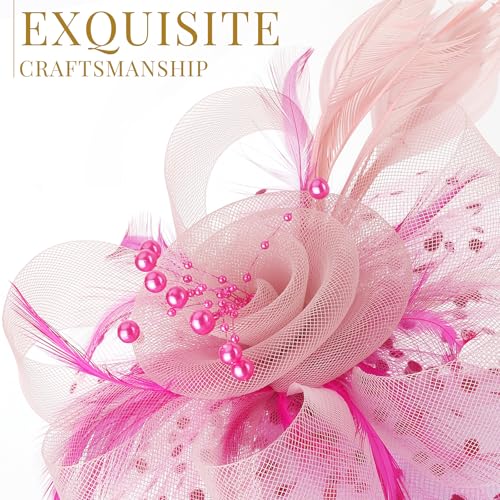 DRESHOW Fascinators Hat Flower Mesh Ribbons Feathers on a Headband and a Clip Tea Party Headwear for Girls and Women - color: 7" Diameter / Dark Pink & Light Pink
