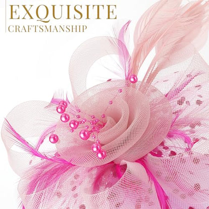 DRESHOW Fascinators Hat Flower Mesh Ribbons Feathers on a Headband and a Clip Tea Party Headwear for Girls and Women - color: 7" Diameter / Dark Pink & Light Pink