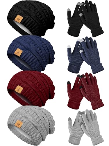 JaGely 8 Pieces Women Winter Hats and Gloves Set Women Warm Touchscreen Knitted Lined Gloves Winter Beanies - color: Black, Gray, Navy Blue, Wine Red