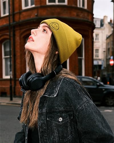 CLAPE Beanie Hat for Men, Cute Embroidery Smiley Face Winter Hat Women Outdoor Ski Snowboarding Knit Cuffed Fisherman Beanie - color: Kh27-yellow