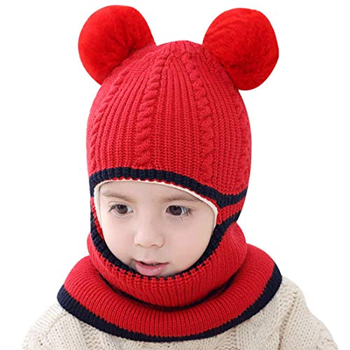 Toddler Winter Hat Baby Balaclava 2 in 1,Fleece Lined Knitted Beanie with Face Mask, Ear Flaps & Pom Pom for Boys Girls - color: Bear-red