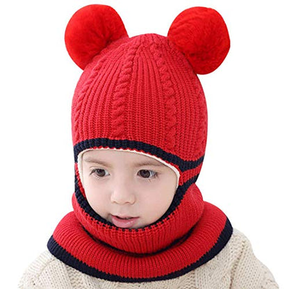 Toddler Winter Hat Baby Balaclava 2 in 1,Fleece Lined Knitted Beanie with Face Mask, Ear Flaps & Pom Pom for Boys Girls - color: Bear-red