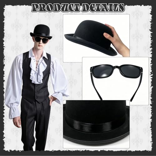 Bowler Hat Set,Black Derby Hat and Sunglasses for Men and Women