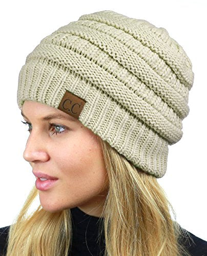 C.C Unisex Chunky Soft Stretch Cable Knit Warm Fuzzy Lined Skully Beanie - color: Beige