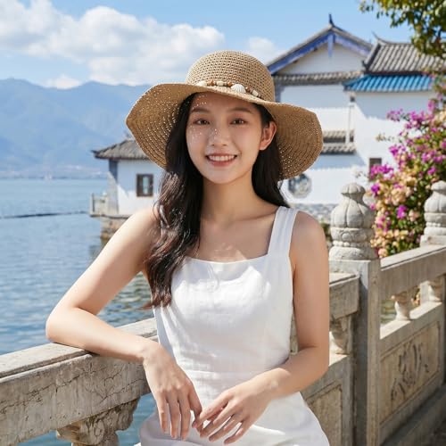 Womens Foldable Straw Sun Hat Summer Wide Brim Crochet Bucket Hats UPF 50+ Travel Beach Fedora Fisherman Cap Sombrero Hat - color: Khaki