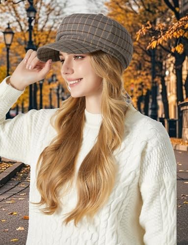 FEOYA Women Newsboy Hat Plaid Cabbie Caps Cotton Casual Stylish Beret Cap Paperboy Hats - color: Plaid-grey