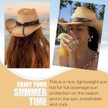 AQOKKA Straw Cowboy Hats for Women Men Western Cowgirl Hats with Shapeable Brim Woven Hollow Out Unisex Beach Roll Up Caps - color: Spray-painted Cowboy Hats : Khaki+khaki