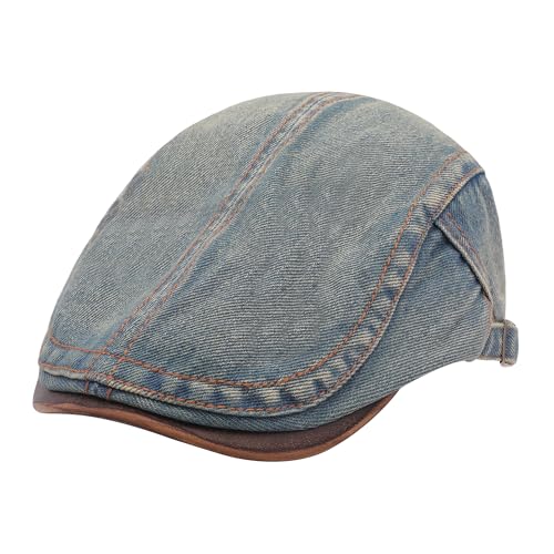 ZLYC Men Cotton Flat Cap Summer Scally Newsboy Beret Driver Hat - color: Denim Faded Blue