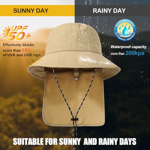 Waterproof Sun Rain Hat for Women Wide Brim UPF50+ UV Protection Packable Men Bucket Safari Fishing Hat with Neck Flap - color: Khaki