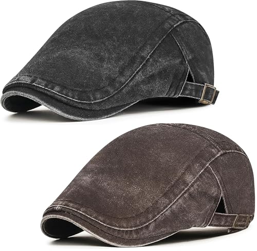 Initlove Mens Newsboy Cap Washed Beret Ivy Hat Flat Hats for Cabbie Driving - color: Black + Coffee
