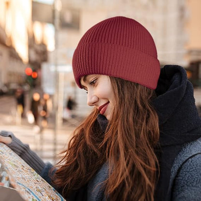 Beanie for Men Women Cuffed Thick Knitted Skull Cap Unisex Winter Hat - color: Wine Red