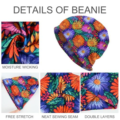 Slouchy Beanie Hat Skull Cap Chemo Headwear Baggy Hats for Men Women Running Cycling - color: Flowers Mexican