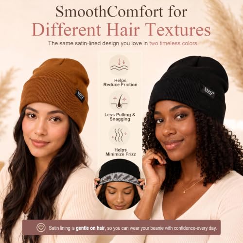 2 Pack Satin Lined Beanies for Men and Women Warm Cuffed Winter Hats - color: Black+brown