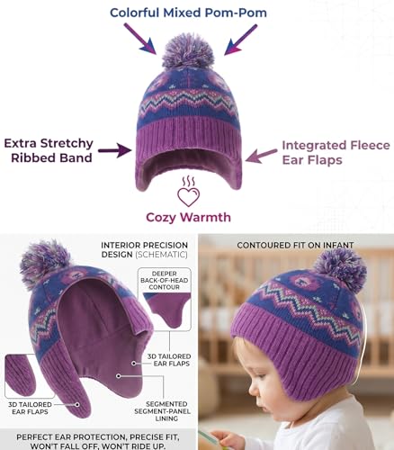 Moon Kitty Baby Girls Earflaps Knit Hats Infant Baby Beanies6-12Months - color: Purple Bear, size: 6-12 Months