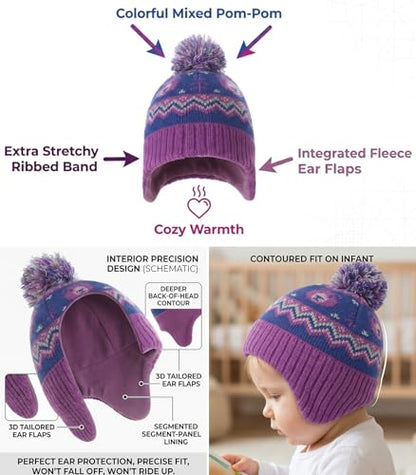 Moon Kitty Baby Girls Earflaps Knit Hats Infant Baby Beanies6-12Months - color: Purple Bear, size: 6-12 Months