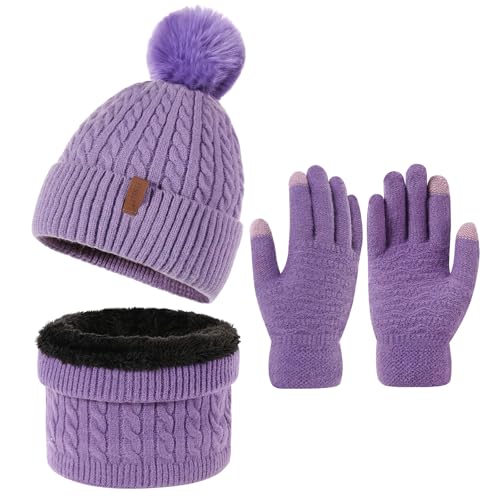 3Pcs Winter Women Beanie Hat Scarf and Touch Screen Gloves Sets Girls Classic Knit Warm Chunky Fleece Lined Cable Cap - color: Purple