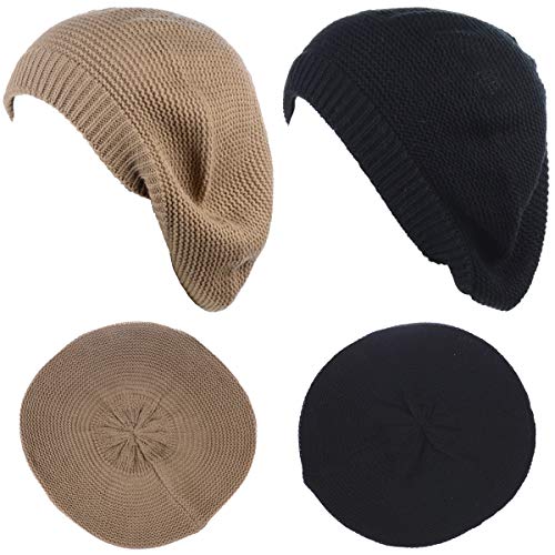 BYOS Chic French Style Lightweight Soft Slouchy Knit Beret Beanie Hat in Solid - color: 2-pack Dk.beige & Black