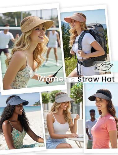 CHUNG Women Visor Sun Hat Paper Straw Wide Brim Adjutable Ponytail Packable Beach Holiday Summer Travel - color: V-khaki