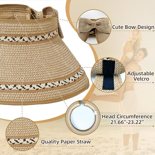 Sun Hats for Women Wide Brim Straw Sun Visors Ponytail Hat - color: Coffee Mix